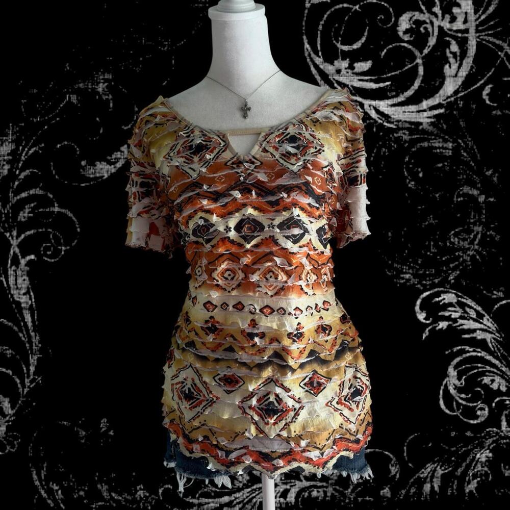 intricate geometric tribal horizontal ruffles fairy boho grunge whimsical top